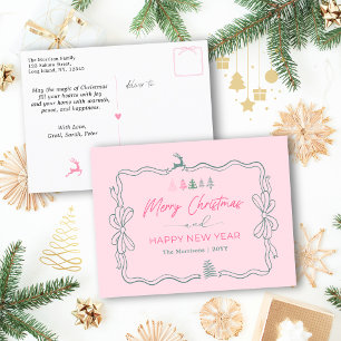 Feestelijke Bow & Trees Doodle Pink Holiday Briefk Feestdagenkaart