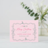 Feestelijke Bow & Trees Doodle Pink Holiday Briefk Feestdagenkaart (Staand voorkant)