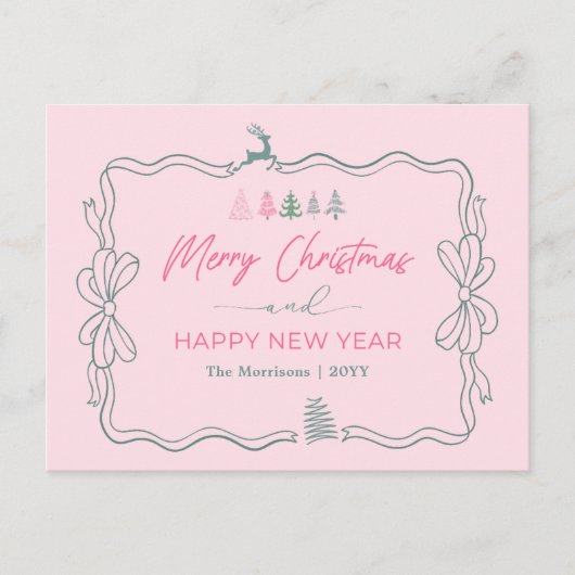 Feestelijke Bow & Trees Doodle Pink Holiday Briefk Feestdagenkaart (Voorkant)
