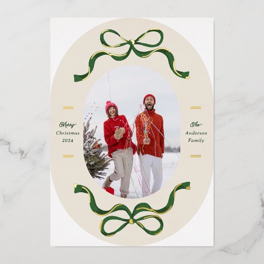 Feestelijke Bows Cream & Groen Echt Goud Ovaal Fot Folie Feestdagenkaart (Voorkant)