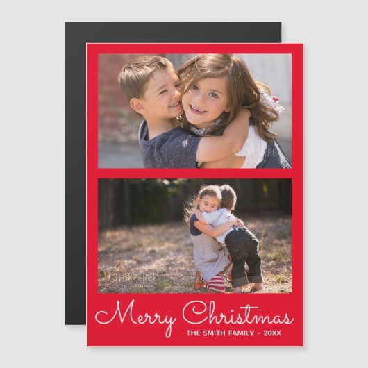 Feestelijke Bright Red 2 foto vakantie collage Magnetische Uitnodiging (Voorkant / Achterkant)