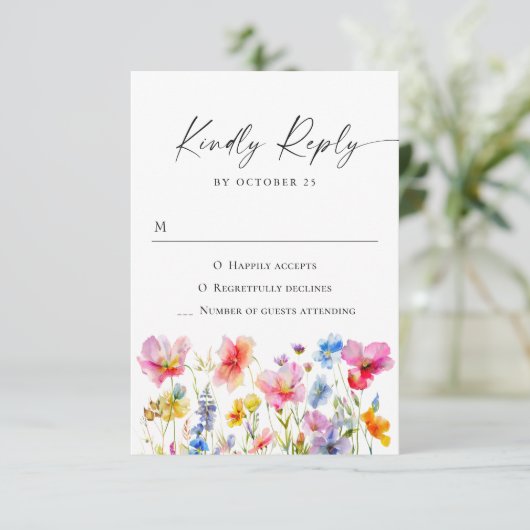 Feestelijke Bright Waterverf Flowers Bruiloft RSVP Kaartje (Staand voorkant)