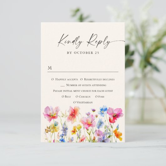 Feestelijke Bright Waterverf Flowers Bruiloft RSVP Kaartje (Staand voorkant)