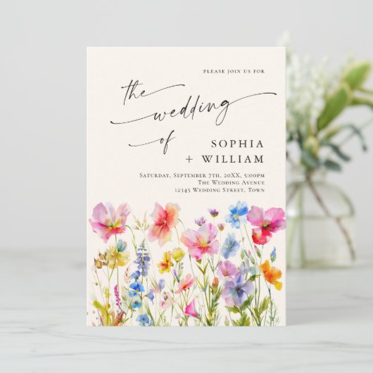 Feestelijke Bright Waterverf Wild Flowers Bruiloft Kaart (Staand voorkant)