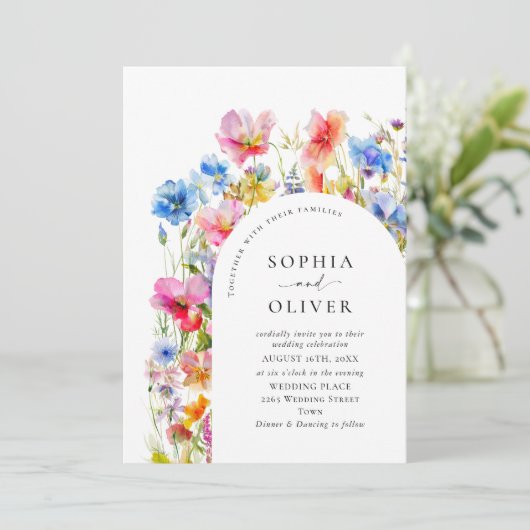 Feestelijke Bright Waterverf Wild Flowers Bruiloft Kaart (Staand voorkant)