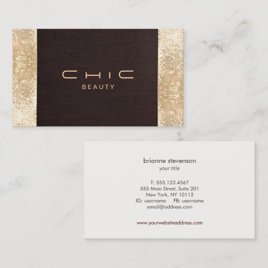 Feestelijke Bruin Linnen FAUX Gouden Sequin Schoon Visitekaartje (Voorkant / Achterkant)
