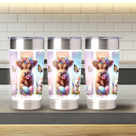 Feestelijke Brushstroke Paas Highland Koe 20oz Geïsoleerde Drinkbeker