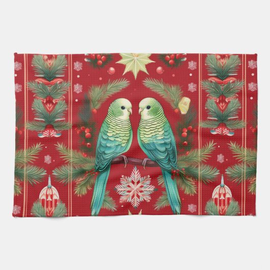 Feestelijke Budgies Kerstmis | Vakantie juichen Theedoek (Horizontaal)