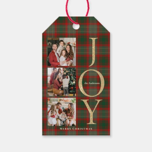 Feestelijke Buffalo Plaid 3 Foto's collage Kerstmi Cadeaulabel (Voorkant)