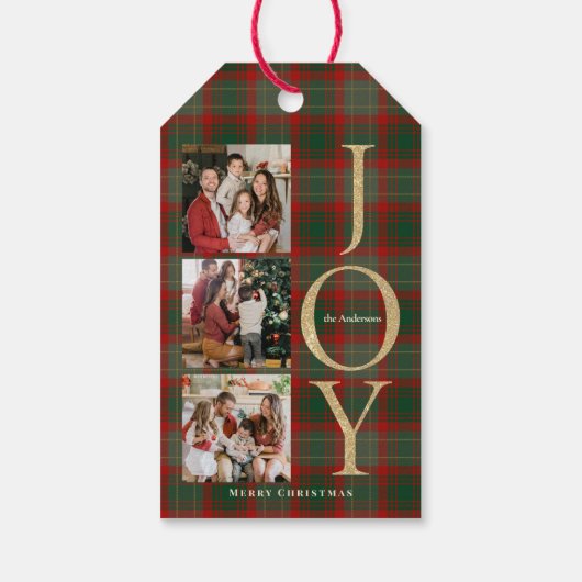 Feestelijke Buffalo Plaid 3 Foto's collage Kerstmi Cadeaulabel (Achterkant)