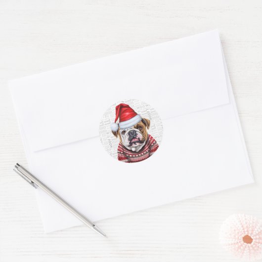 Feestelijke Bulldog en Woof Word Art Kerstmis Ronde Sticker (Envelop)
