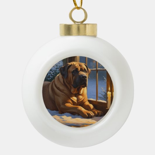 Feestelijke Bullmastiff met kerstverlichting Vakan Keramische Bal Ornament (Voorkant)