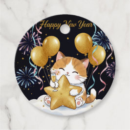 Feestelijke Calico Kat viert Nieuwjaar met Vuurwer Bedankjes Labels