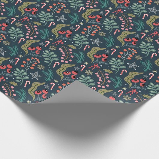 Feestelijke Candy Cane en Holly Pattern Cadeaupapier (Hoek)