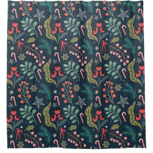 Feestelijke Candy Cane en Holly Pattern Douchegordijn (Voorkant)