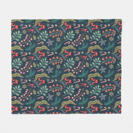 Feestelijke Candy Cane en Holly Pattern Fleece Deken (Voorkant (Horizontaal))