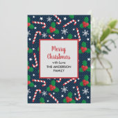 Feestelijke Candy Cane & Holly Berry Kerstmis Feestdagenkaart (Staand voorkant)