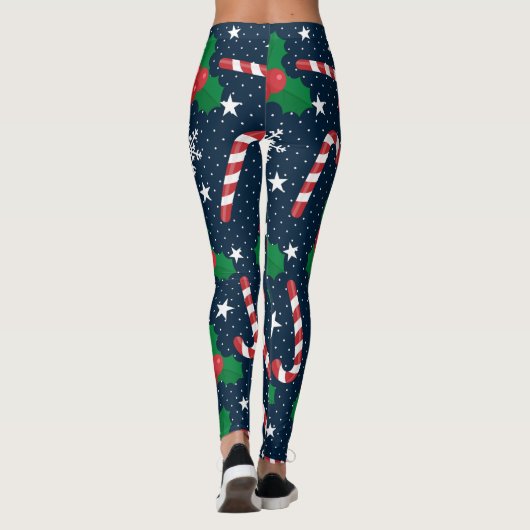 Feestelijke Candy Cane & Holly Berry Kerstmis Leggings (Achterkant)