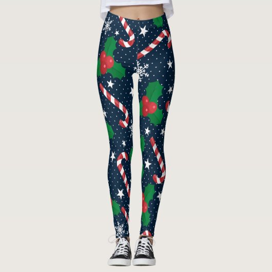 Feestelijke Candy Cane & Holly Berry Kerstmis Leggings (Voorkant)