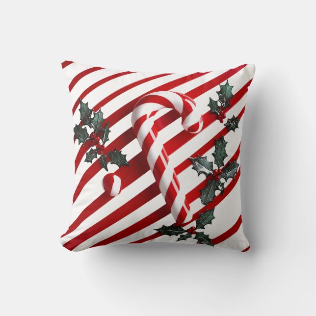 Feestelijke Candy Cane met Holly Christmas Design Kussen (Voorkant)