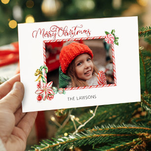 Feestelijke Candy Cane Vrolijk Kerstmis Eén Foto Feestdagenkaart