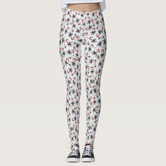 Feestelijke Candy Canes & Holly Leggings (Voorkant)
