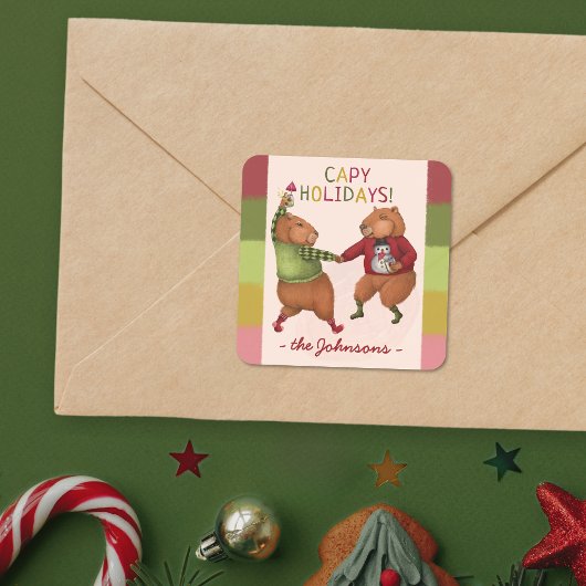 Feestelijke Capybara kerstwoordspeling met familie Vierkante Sticker