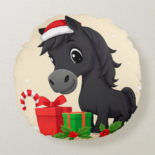 Feestelijke Cartoon Black Horse met Santa Hat Rond Kussen