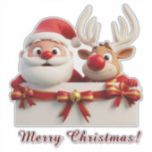 Feestelijke Cartoon Kerstman en Rendier Sticker (Voorkant)