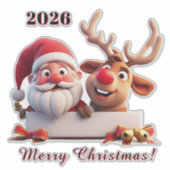 Feestelijke Cartoon Kerstman en Rendier Sticker (Voorkant)