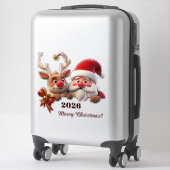 Feestelijke Cartoon Kerstman en Rendier Sticker (Koffer)