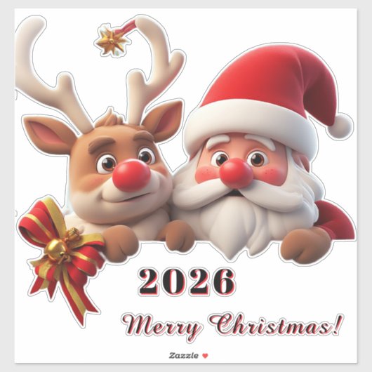 Feestelijke Cartoon Kerstman en Rendier Sticker (Vel)