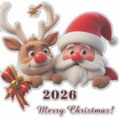 Feestelijke Cartoon Kerstman en Rendier Sticker (Voorkant)