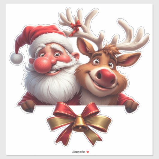 Feestelijke Cartoon Kerstman en Rendier Sticker (Vel)