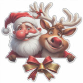 Feestelijke Cartoon Kerstman en Rendier Sticker (Voorkant)