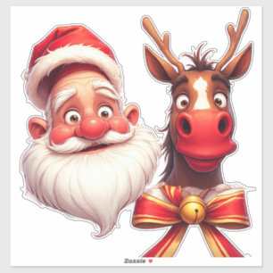 Feestelijke Cartoon Kerstman en Rendier Sticker