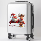 Feestelijke Cartoon Kerstman en Rendier Sticker (Koffer)