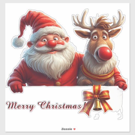 Feestelijke Cartoon Kerstman en Rendier Sticker (Vel)