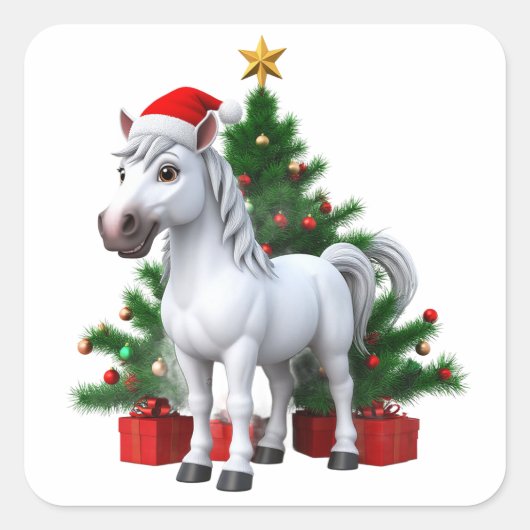 Feestelijke Cartoon Pony in Santa Hat Vierkante Sticker (Voorkant)