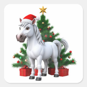 Feestelijke Cartoon Pony met Kerstman Hoed Vierkante Sticker