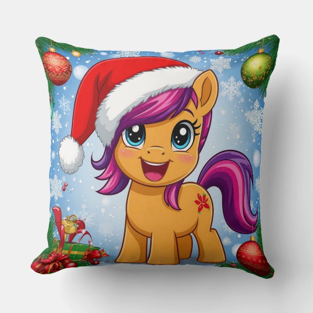 Feestelijke Cartoon Pony met Santa Hat Kussen (Voorkant)