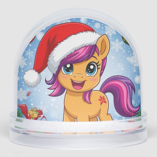 Feestelijke Cartoon Pony met Santa Hat Sneeuwbol (Voorkant)
