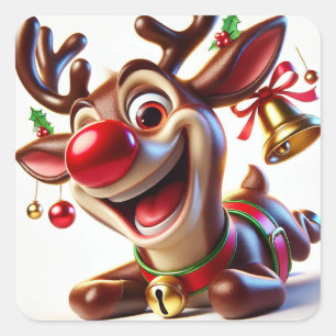 Feestelijke Cartoon Rendier met Kerstversiering Vierkante Sticker