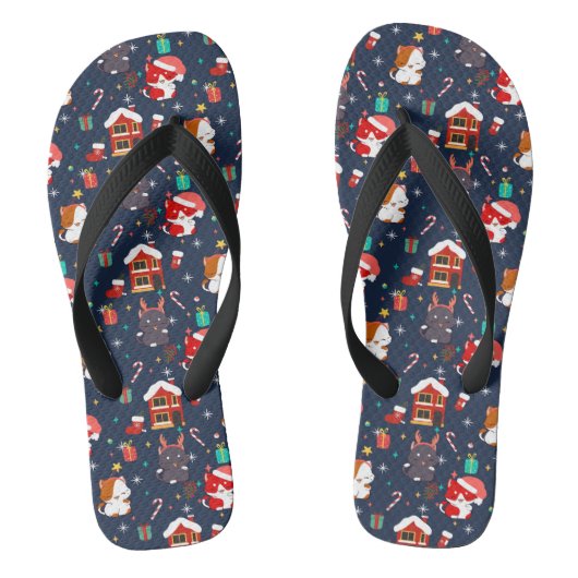 Feestelijke Cartoon Santa Cat Celebration Teenslippers (Voetbed)