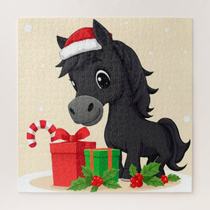 Feestelijke Cartoon Zwarte Paard Met Kerstman Hoed Legpuzzel