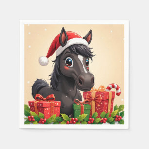 Feestelijke Cartoon Zwarte Paard Met Kerstman Hoed Servet