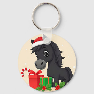Feestelijke Cartoon Zwarte Paard Met Kerstman Hoed Sleutelhanger