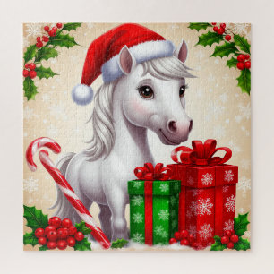 Feestelijke Cartoonpaard in Kerstmannenhoed met Ca Legpuzzel