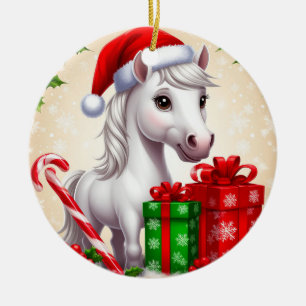 Feestelijke cartoonpaard in kerstmuts met cadeaus keramisch ornament