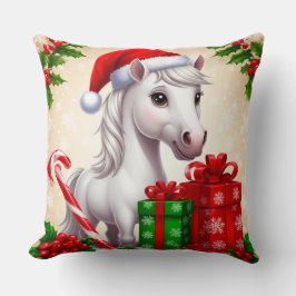Feestelijke cartoonpaard in kerstmuts met cadeaus kussen